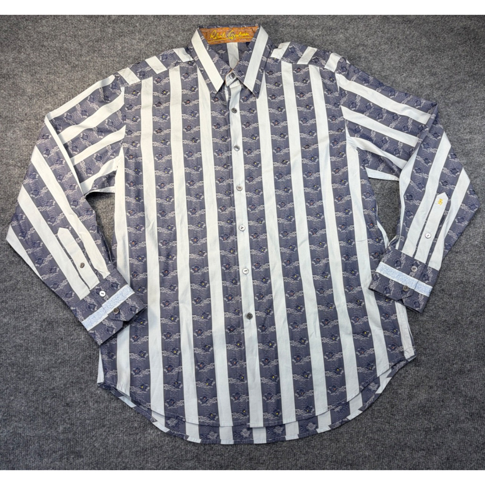 Robert Graham Mens L/S Button Shirt Blue White Stripe Floral Cotton/Silk Sz L